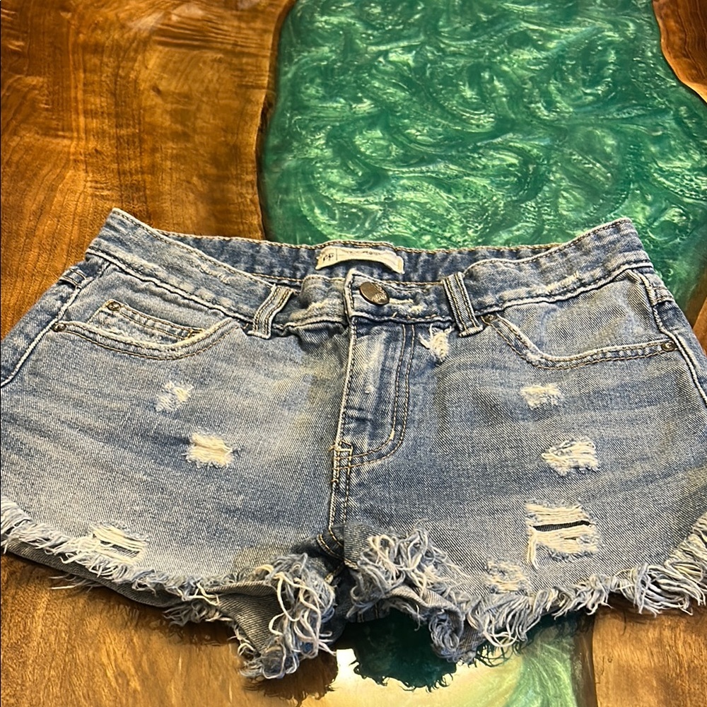Free People Denim Distressed Women's Blue Jean Shorts, W26, length 11”